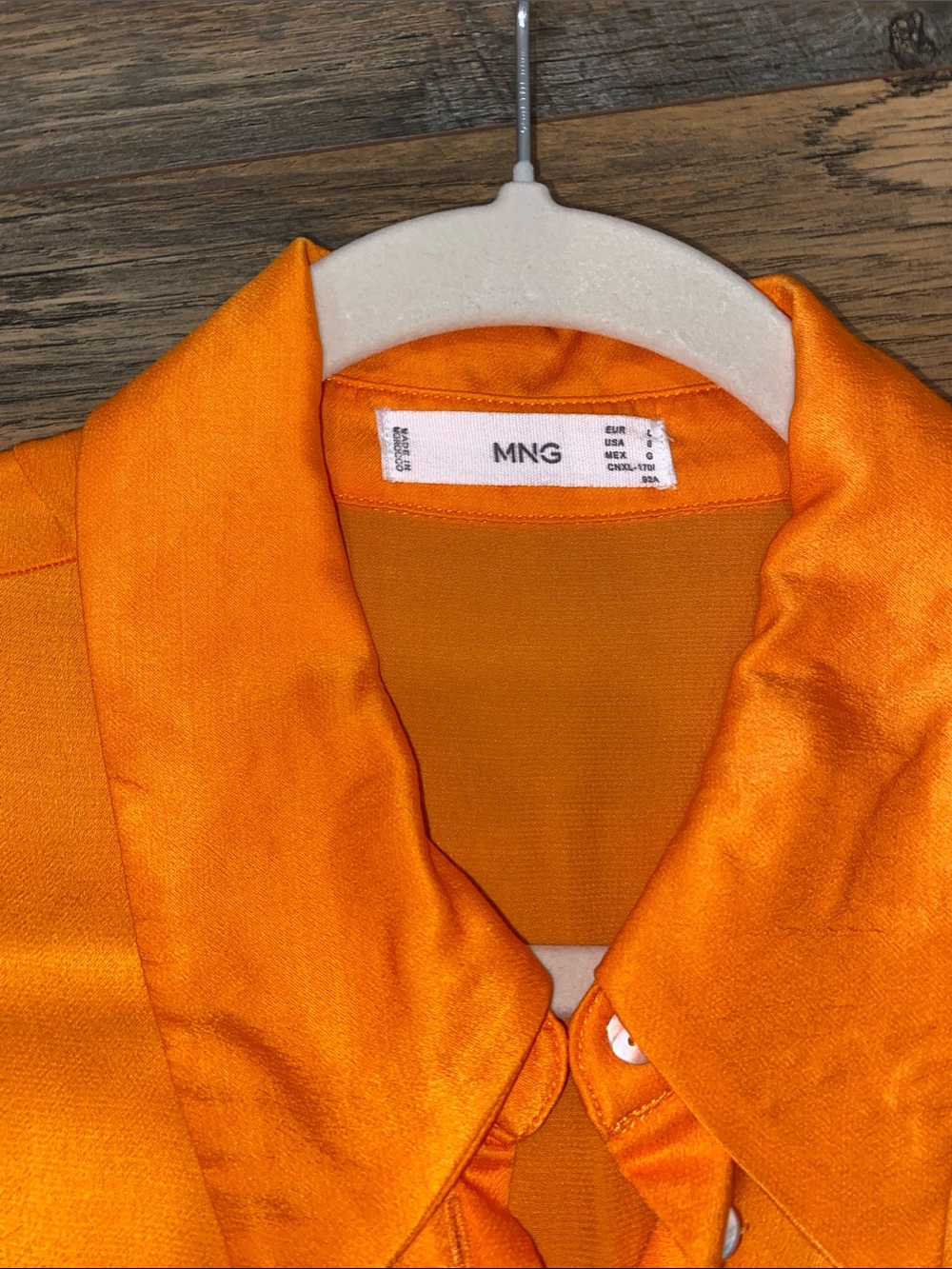 Mango Silky Orange Mother of Pearl Button-Front Woman’s Shirt - Picture 3 of 5